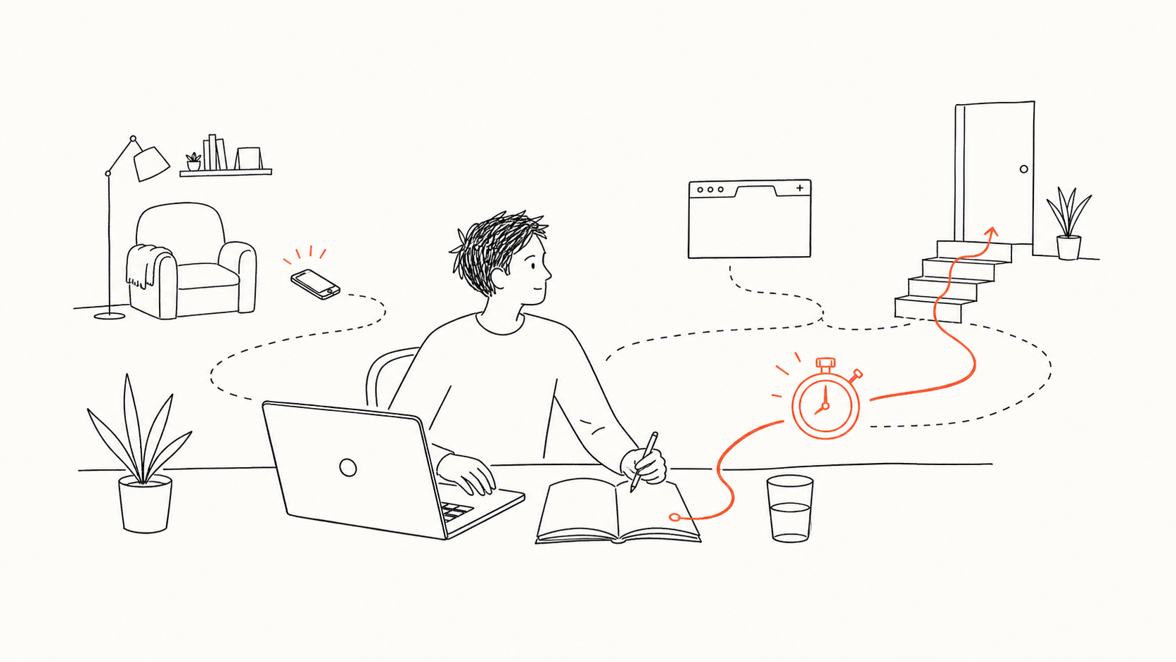 Line illustration of a person beginning work after making the first step visible and moving the phone farther away.