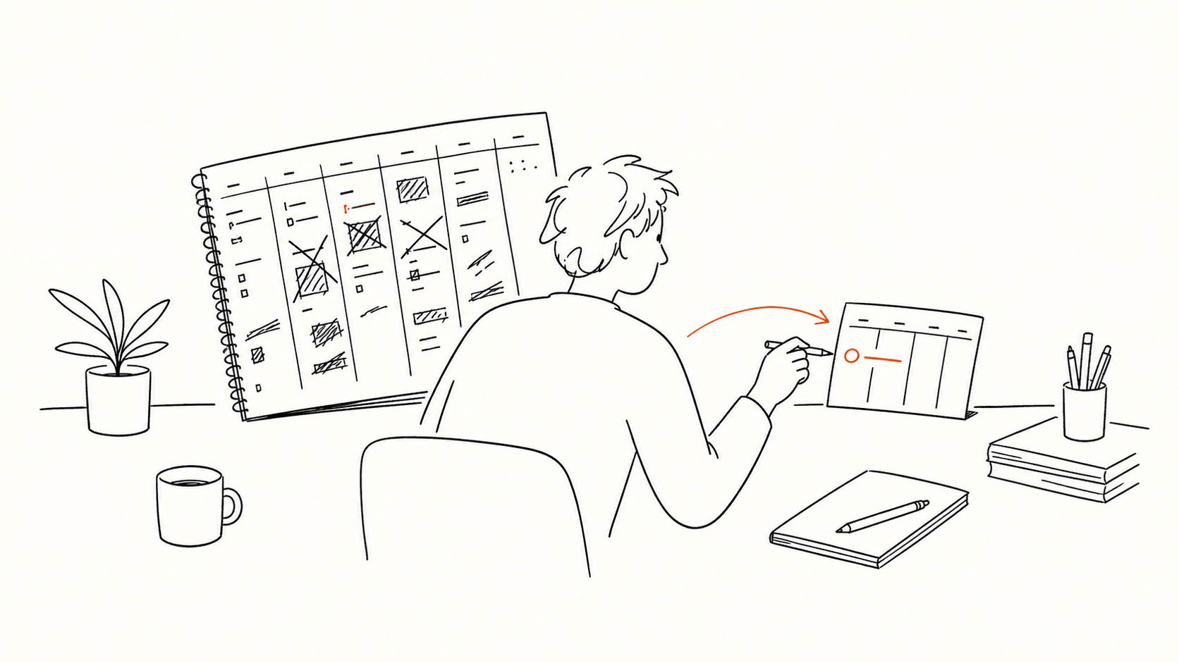 Line illustration of a messy weekly record turning into one small next adjustment.