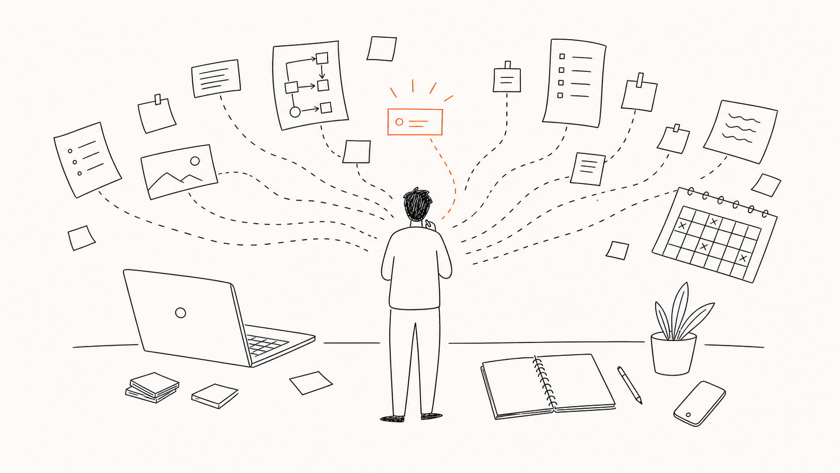 Line illustration of a person facing too many possible task starts, with one small first step highlighted.
