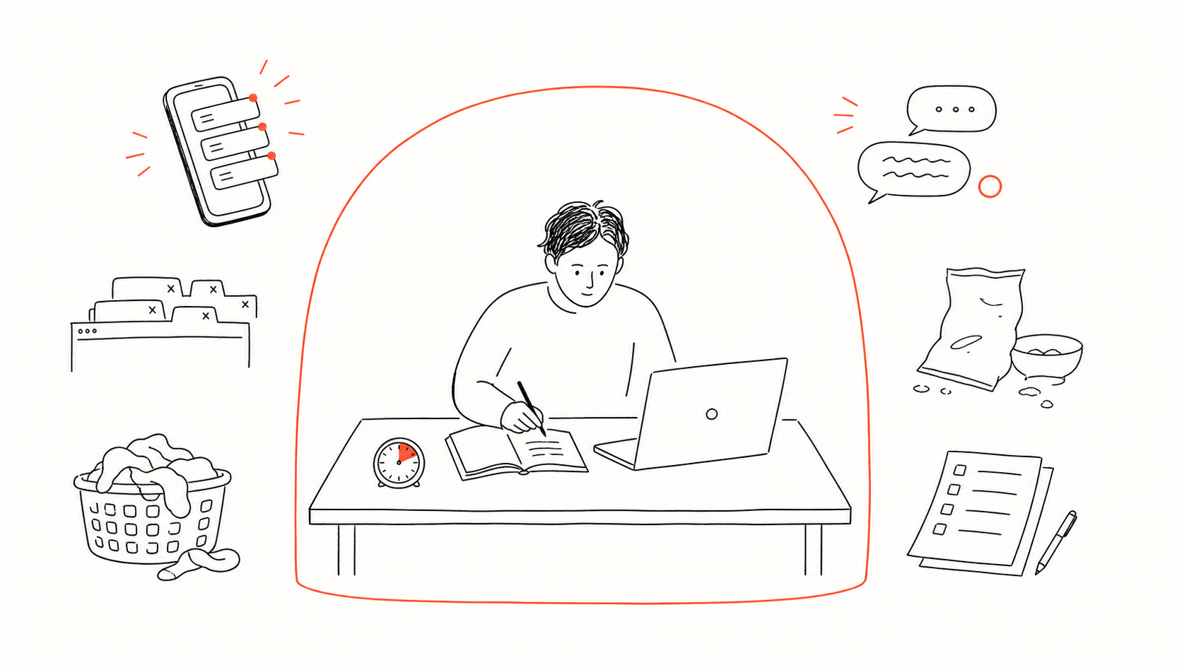 Line illustration of a person working inside a protected boundary while distractions stay outside.